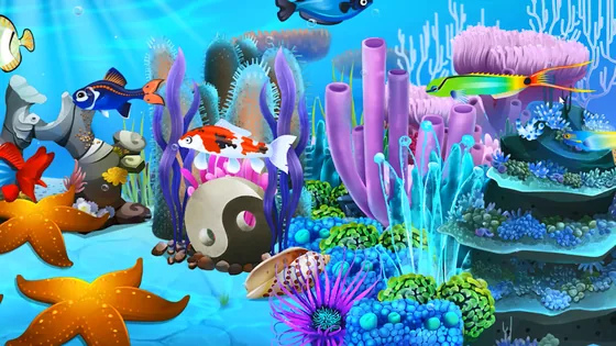 Aquarienszene mit Koi, Yin-Yang-Muschel und violetten Röhrenkorallen, rechts oben der Mauszeiger