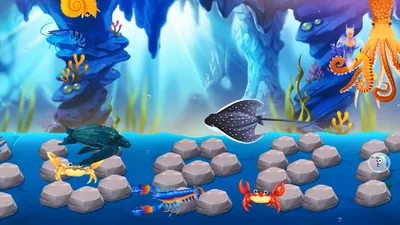 Grotte mit Adlerrochen, Meeresschildkröte, Hummer und zwei Krebsen auf grauen Steinplatten