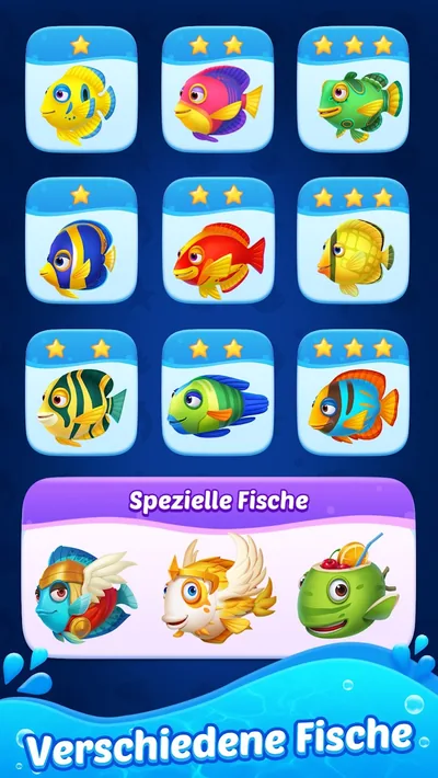 Sammelraster mit neun Fischkarten, jede mit ein bis drei gelben Sternen, darunter das Feld Spezielle Fische