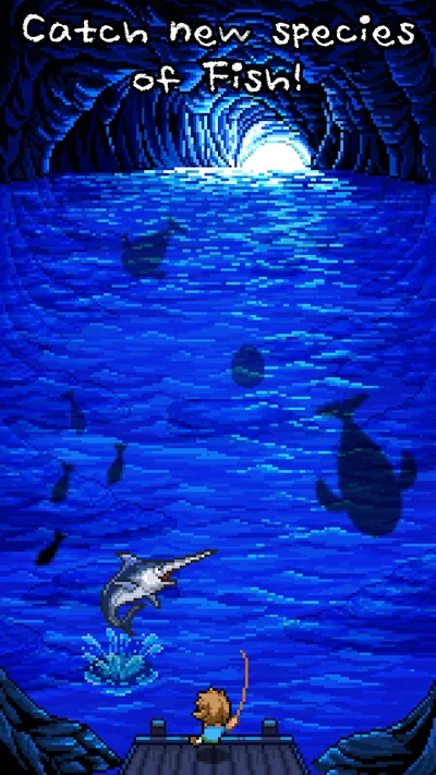 Pixelgrafik einer dunkelblauen Höhle, ein Marlin springt vor der Silhouette eines Anglers auf dem Steg