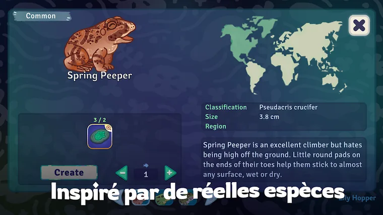 Steckbriefkarte Spring Peeper mit Weltkarte, dem Zusatz Pseudacris crucifer und der Größe 3,8 cm