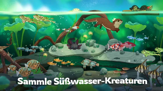 Teich im Querschnitt: Otter, Frösche, Schildkröten auf einem Ast, Koi und Axolotl zwischen Steinen